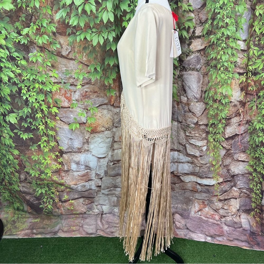 NWT TRYB Festival Style Taupe Silk Fringed Short Sleeve Blouse, XS - Picture 7 of 15